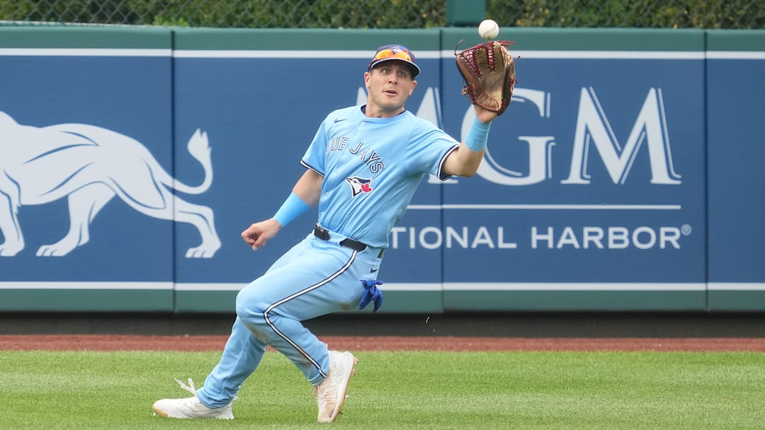 Daulton Varsho of the Toronto Blue Jays catches a fly ball during a May 5 game against the Washington Nationals at Nationals Park in Washington, DC.