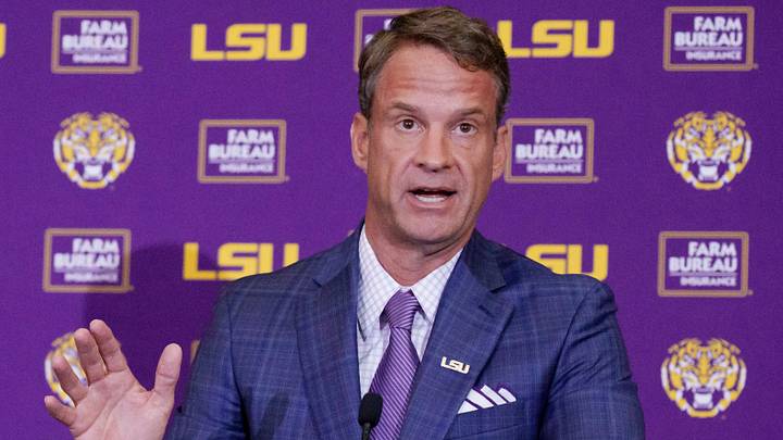 Dec 1, 2025; Baton Rouge, LA, USA; LSU new head coach Lane Kiffin speaks at South Stadium Club at Tiger Stadium. Mandatory Credit: Matthew Hinton-Imagn Images