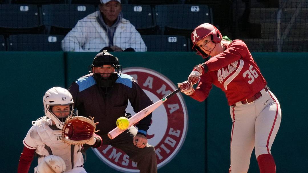 March 17, 2026; Tuscaloosa, AL, USA; Alabama batter Ambrey Taylor connects with a pitch at Rhoads Stadium as the Crimson Tide hosted the University of Louisiana at Monroe.