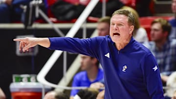 Feb 15, 2025; Salt Lake City, Utah, USA; Kansas Jayhawks head coach Bill Self calls a play against the Utah Utes during the second half at the Jon M. Huntsman Center. Mandatory Credit: Christopher Creveling-Imagn Images