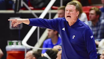 Feb 15, 2025; Salt Lake City, Utah, USA; Kansas Jayhawks head coach Bill Self calls a play against the Utah Utes during the second half at the Jon M. Huntsman Center. Mandatory Credit: Christopher Creveling-Imagn Images