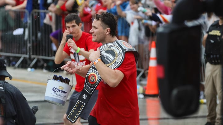 Jun 30, 2024; Fort Lauderdale, Florida, USA; Florida Panthers left wing Matthew Tkachuk celebrates with fans during the Stanley Cup victory parade and celebration. Mandatory Credit: Sam Navarro-USA TODAY Sports