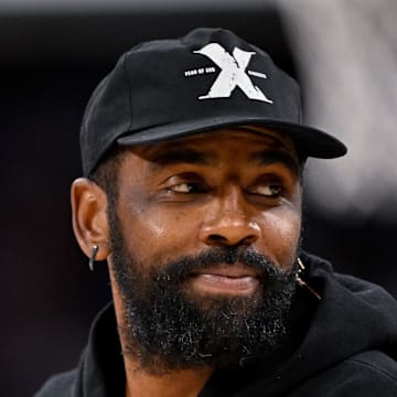Oct 6, 2025; Fort Worth, Texas, USA; Dallas Mavericks guard Kyrie Irving (11) looks on during the game between the Dallas Mavericks and the Oklahoma City Thunder at Dickie's Arena. Mandatory Credit: Jerome Miron-Imagn Images
