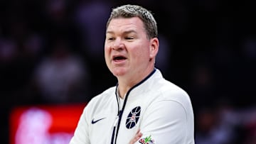 Arizona Wildcats head coach Tommy Lloyd coaches his team during the first half against the Utah Utes at McKale Center.
