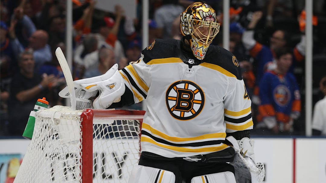 Jun 9, 2021; Uniondale, New York, USA; Boston Bruins goalie Tuukka Rask (40) reacts after a goal by New York Islanders right wing Kyle Palmieri (not pictured) during the second period of game six of the second round of the 2021 Stanley Cup Playoffs at Nassau Veterans Memorial Coliseum. Mandatory Credit: Brad Penner-Imagn Images