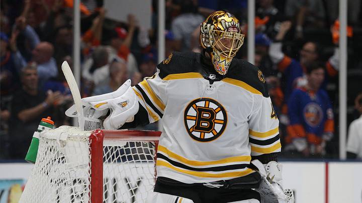 Jun 9, 2021; Uniondale, New York, USA; Boston Bruins goalie Tuukka Rask (40) reacts after a goal by New York Islanders right wing Kyle Palmieri (not pictured) during the second period of game six of the second round of the 2021 Stanley Cup Playoffs at Nassau Veterans Memorial Coliseum. Mandatory Credit: Brad Penner-Imagn Images