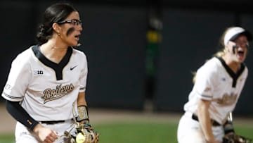 Purdue Boilermakers infielder Sage Scarmardo (1) celebrates after getting an out Wednesday, May 7, 2025, during the Big Ten softball tournament game against the Northwestern Wildcats at Purdue University’s Bittinger Stadium in West Lafayette, Indiana. Purdue Boilermakers won 4-2.