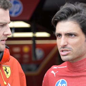 Jun 7, 2024; Montreal, Quebec, CAN; Ferrari driver driver Carlos Sainz (ESP) in the pit lane during the practice session at Circuit Gilles Villeneuve. Mandatory Credit: Eric Bolte-USA TODAY Sports