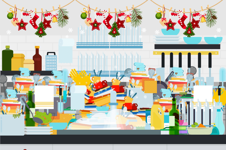 Holiday hidden image puzzle showing messy kitchen sink.