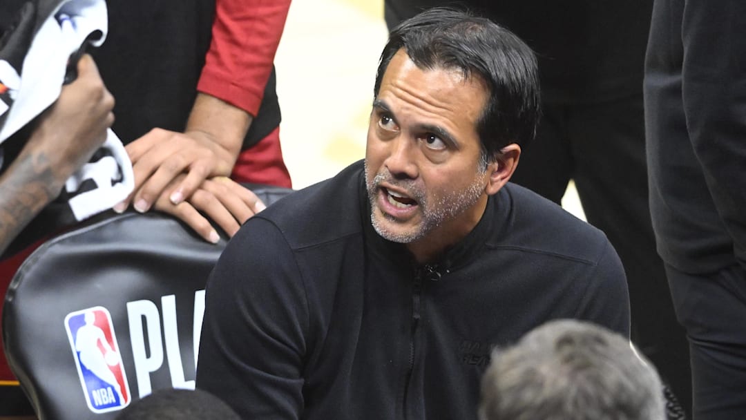 Apr 20, 2025; Cleveland, Ohio, USA; Miami Heat head coach Erik Spoelstra speaks to his team during a timeout in the fourth quarter against the Cleveland Cavaliers at Rocket Arena. Mandatory Credit: David Richard-Imagn Images