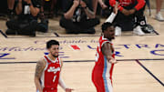 Apr 26, 2025; Memphis, Tennessee, USA; Memphis Grizzlies guard Scotty Pippen Jr. (1) and forward Jaren Jackson Jr. (13) react during the second quarter against the Oklahoma City Thunder during game four for the first round of the 2024 NBA Playoffs at FedExForum. Mandatory Credit: Petre Thomas-Imagn Images