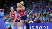 Aug 11, 2024; Paris, France; United States setter Jordyn Poulter (2) in action against Italy in the women's volleyball gold medal match during the Paris 2024 Olympic Summer Games at South Paris Arena. Mandatory Credit: Amber Searls-Imagn Images