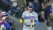 Nov 1, 2025; Toronto, Ontario, CAN; Los Angeles Dodgers first baseman Enrique Hernandez (8) reacts after striking out against the Toronto Blue Jays in the fifth inning during game seven of the 2025 MLB World Series at Rogers Centre. Mandatory Credit: John E. Sokolowski-Imagn Images