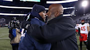 Penn State coach James Franklin and Maryland coach Mike Locksley after the No. 4 Nittany Lions' 44–7 win over the Terrapins on Nov. 30, 2024.