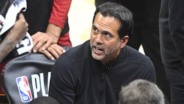 Apr 20, 2025; Cleveland, Ohio, USA; Miami Heat head coach Erik Spoelstra speaks to his team during a timeout in the fourth quarter against the Cleveland Cavaliers at Rocket Arena. Mandatory Credit: David Richard-Imagn Images