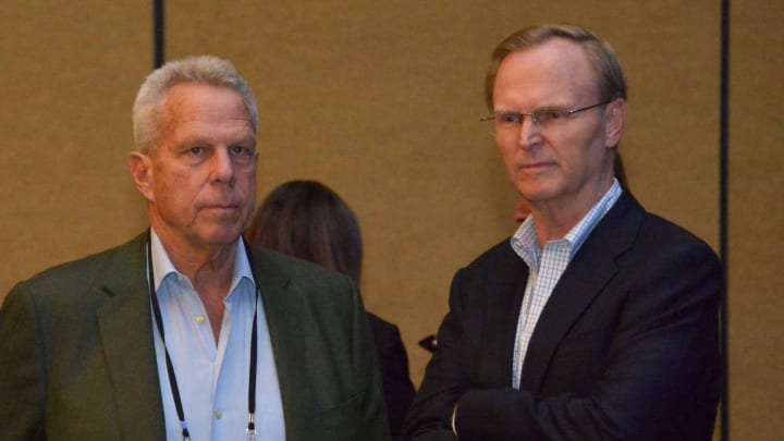 Feb 5, 2016; San Francisco, CA, USA; New York Giants co-owners Steve Tisch (left) and John Mara during a press conference at Moscone Center in advance of Super Bowl 50 between the Carolina Panthers and the Denver Broncos.  