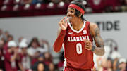 Dec 3, 2025; Tuscaloosa, AL, USA; Alabama guard Labaron Philon Jr. (0) celebrates after making a three pointer against Clemson at Coleman Coliseum. Alabama defeated Clemson 90-84 and Philon scored 29.