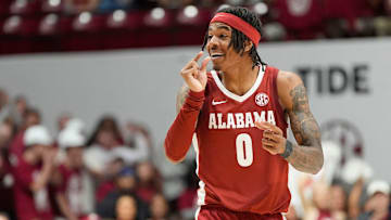 Dec 3, 2025; Tuscaloosa, AL, USA; Alabama guard Labaron Philon Jr. (0) celebrates after making a three pointer against Clemson at Coleman Coliseum. Alabama defeated Clemson 90-84 and Philon scored 29.