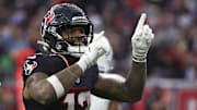 Jan 11, 2025; Houston, Texas, USA;  Houston Texans wide receiver Nico Collins (12) reacts to a first down against the Los Angeles Chargers in the second quarter in an AFC wild card game at NRG Stadium. Mandatory Credit: Thomas Shea-Imagn Images