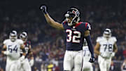 Nov 26, 2018; Houston, TX, USA; Houston Texans free safety Tyrann Mathieu (32) celebrates after a play during the first quarter against the Tennessee Titans at NRG Stadium. Mandatory Credit: Troy Taormina-Imagn Images