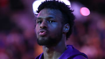 Los Angeles Lakers guard Bronny James (9) stands during the National Anthem before the Lakers play Portland Trail Blazers at Moda Center.