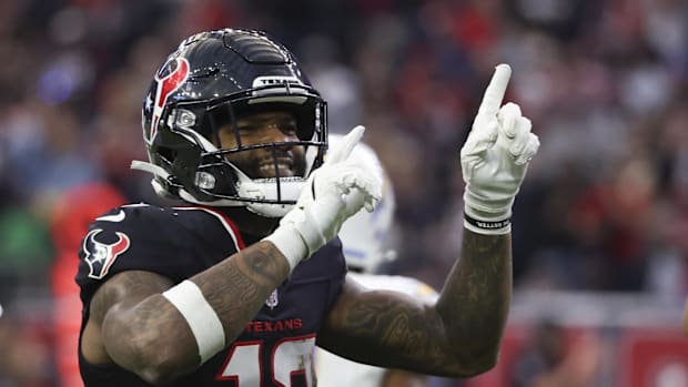 Houston Texans wide receiver Nico Collins (12) reacts to a first down against the Los Angeles Chargers in the second quarter