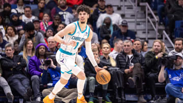 Jan 17, 2024; New Orleans, Louisiana, USA; Charlotte Hornets guard LaMelo Ball (1) dribbles against the New Orleans Pelicans during the second half at Smoothie King Center. Mandatory Credit: Stephen Lew-USA TODAY Sports