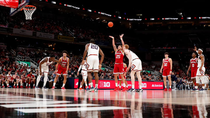 Indiana Hoosiers forward Race Thompson (25) shoots a free throw during the men   s Big Ten tournament game against the Illinois Fighting Illini, Friday, March 11, 2022, at Gainbridge Fieldhouse in Indianapolis. The Hoosiers won 65-63.

Iuillinoisbigtentourny 031122 Am1317