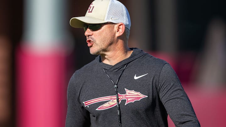 Florida State head coach Mike Norvell leads practice Thursday, April 9, 2026.