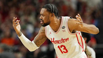 Apr 7, 2025; San Antonio, TX, USA; Houston Cougars forward J'Wan Roberts (13) reacts after a play against the Florida Gators during the second half of the national championship game of the Final Four of the 2025 NCAA Tournament at the Alamodome. Mandatory Credit: Bob Donnan-Imagn Images