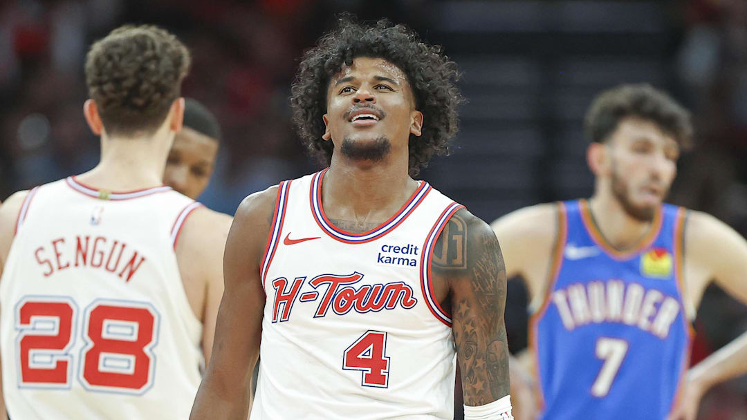 Feb 25, 2024; Houston, Texas, USA; Houston Rockets guard Jalen Green (4) reacts after a play during the third quarter against the Oklahoma City Thunder at Toyota Center. Mandatory Credit: Troy Taormina-Imagn Images