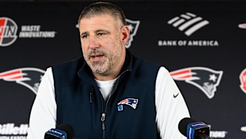 Mar 13, 2025; Foxborough, MA, USA; New England Patriots head coach Mike Vrabel discusses the teamís recent free agent additions with the media at Gillette Stadium. Mandatory Credit: Eric Canha-Imagn Images