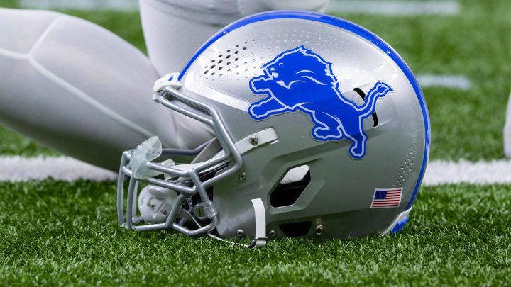 Dec 3, 2023; New Orleans, Louisiana, USA; Detailed view of the Detroit Lions helmet during warmups before the game against the New Orleans Saints at Caesars Superdome.