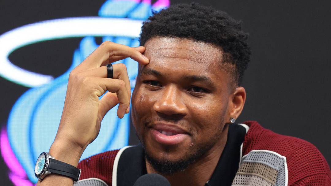 Jul 16, 2026; Miami, FL, USA; Miami Heat forward Giannis Antetokounmpo (7) speaks to reporters during his introductory press conference at Kaseya Center. Mandatory Credit: Sam Navarro-Imagn Images