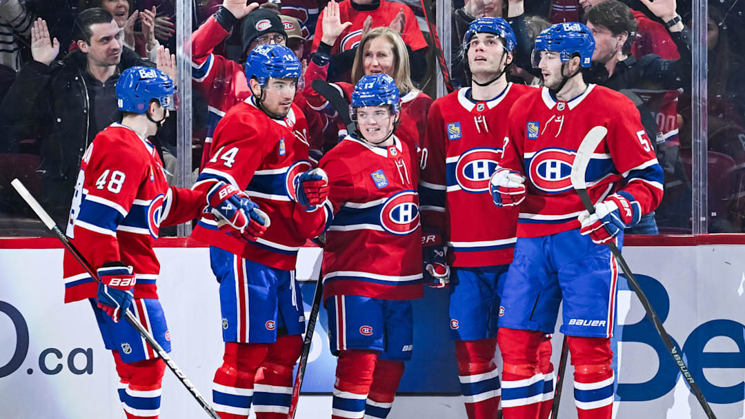 Mar 15, 2026; Montreal, Quebec, CAN; Montreal Canadiens right wing Cole Caufield (13) celebrates with his teammates his goal against the Anaheim Ducks during the second period at Bell Centre. Mandatory Credit: David Kirouac-Imagn Images Mar 15, 2026; Montreal, Quebec, CAN; Montreal Canadiens right wing Cole Caufield (13) celebrates with his teammates his goal against the Anaheim Ducks during the second period at Bell Centre. Mandatory Credit: David Kirouac-Imagn Images