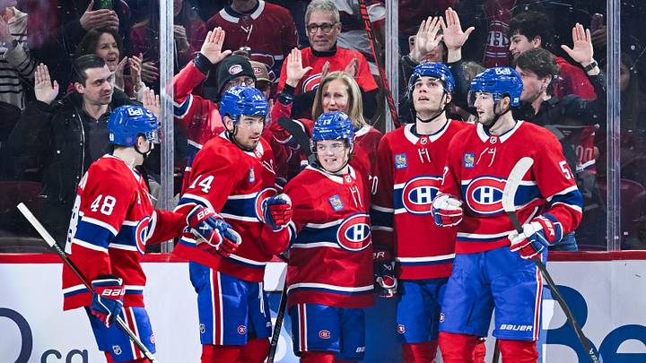 Mar 15, 2026; Montreal, Quebec, CAN; Montreal Canadiens right wing Cole Caufield (13) celebrates with his teammates his goal against the Anaheim Ducks during the second period at Bell Centre. Mandatory Credit: David Kirouac-Imagn Images