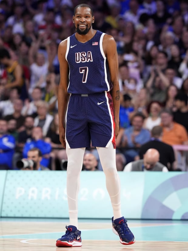 Team USA forward Kevin Durant smiles during a game against Serbia.