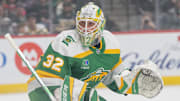 Mar 29, 2025; Saint Paul, Minnesota, USA; Minnesota Wild goaltender Filip Gustavsson (32) watches a rebound from a New Jersey Devils player go into the corner in the first period at Xcel Energy Center. Mandatory Credit: Matt Blewett-Imagn Images