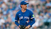 Sep 20, 2025; Kansas City, Missouri, USA; Toronto Blue Jays pitcher Shane Bieber (57) pitches during the first inning against the Kansas City Royals at Kauffman Stadium. Mandatory Credit: William Purnell-Imagn Images