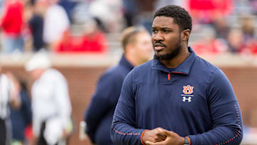 Oct 20, 2018; Oxford, MS, USA; Auburn Tigers wide receivers coach Kodi Burns before a game with the Mississippi Rebels at Vaught-Hemingway Stadium. Mandatory Credit: Vasha Hunt-Imagn Images