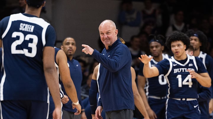 Feb 20, 2024; Villanova, Pennsylvania, USA; Butler Bulldogs head coach Thad Matta reacts during a timeout the second half against the Villanova Wildcats at William B. Finneran Pavilion.