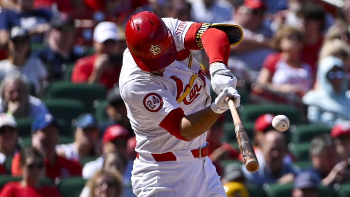 Aug 22, 2024; St. Louis, Missouri, USA;  St. Louis Cardinals third baseman Nolan Arenado (28) hits a one run single against the Milwaukee Brewers during the seventh inning at Busch Stadium. Mandatory Credit: Jeff Curry-USA TODAY Sports