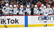 Mar 1, 2025; Washington, District of Columbia, USA; Tampa Bay Lightning right wing Mitchell Chaffee (41) celebrates with teammates after scoring a goal against the Washington Capitals in the first period at Capital One Arena. Mandatory Credit: Geoff Burke-Imagn Images