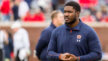 Oct 20, 2018; Oxford, MS, USA; Auburn Tigers wide receivers coach Kodi Burns before a game with the Mississippi Rebels at Vaught-Hemingway Stadium. Mandatory Credit: Vasha Hunt-Imagn Images