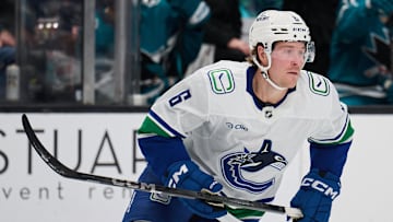 Nov 2, 2024; San Jose, California, USA; Vancouver Canucks right wing Brock Boeser (6) skates against the San Jose Sharks during the second period at SAP Center at San Jose. Mandatory Credit: Robert Edwards-Imagn Images