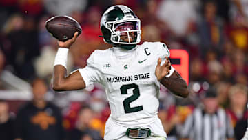 Sep 20, 2025; Los Angeles, California, USA; Michigan State Spartans quarterback Aidan Chiles (2) throws against the Southern California Trojans during the second half at the Los Angeles Memorial Coliseum. Mandatory Credit: Gary A. Vasquez-Imagn Images