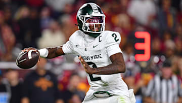 Sep 20, 2025; Los Angeles, California, USA; Michigan State Spartans quarterback Aidan Chiles (2) throws against the Southern California Trojans during the second half at the Los Angeles Memorial Coliseum. Mandatory Credit: Gary A. Vasquez-Imagn Images