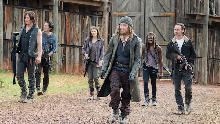 Steven Yeun as Glenn Rhee, Danai Gurira as Michonne, Michael Cudlitz as Abraham, Andrew Lincoln as Rick Grimes, Lauren Cohan as Maggie Greene, Norman Reedus as Daryl Dixon, and Tom Payne as Jesus - The Walking Dead _ Season 6, Episode 11 - Photo Credit: Gene Page/AMC
