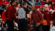 Boston College Eagles head coach Earl Grant reacts tot he referee during the second half of the game against North Carolina State Wolfpack at Lenovo Center.