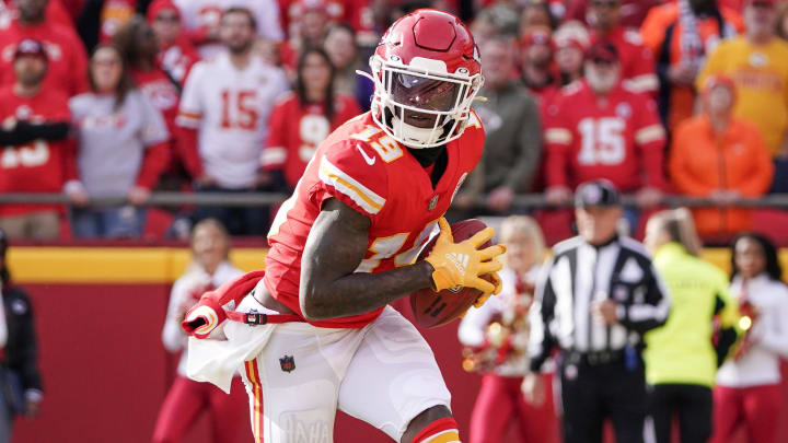 Jan 1, 2023; Kansas City, Missouri, USA; Kansas City Chiefs wide receiver Kadarius Toney (19) catches a pass against the Denver Broncos during a game at GEHA Field at Arrowhead Stadium. Mandatory Credit: Denny Medley-USA TODAY Sports